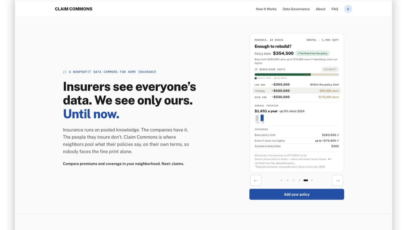 Claim Commons homepage: 'Insurers see everyone's data. We see only ours. Until now.' beside a sample policy card showing rebuild cost against coverage